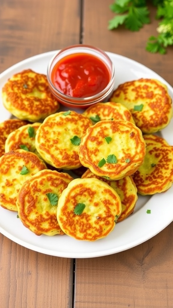 Kid-Friendly Zucchini Fritters Recipe Crispy zucchini fritters on a plate with marinara sauce and parsley garnish.